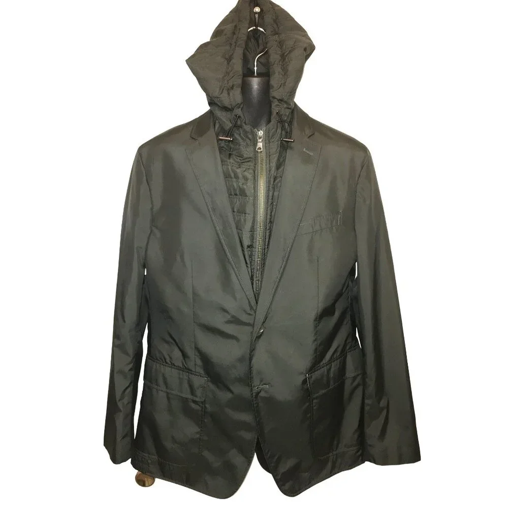 Banana Republic Mens Green Blazer/Field Jacket W/Hood Vest